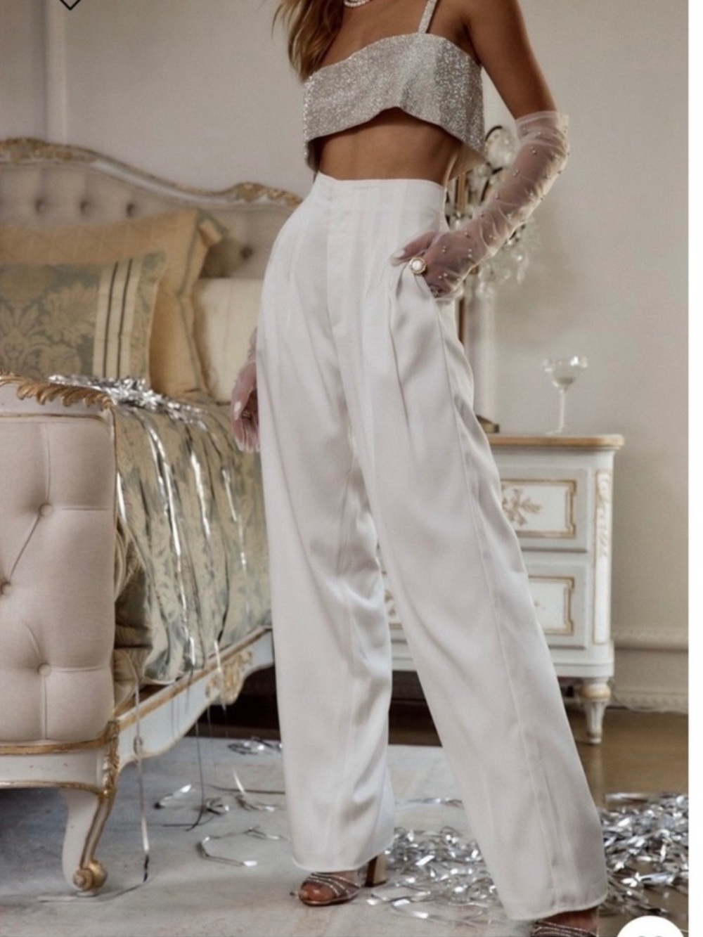 12th Tribe Halley Satin
Trousers Womens L White Wide
Leg Bridal Bachelorette